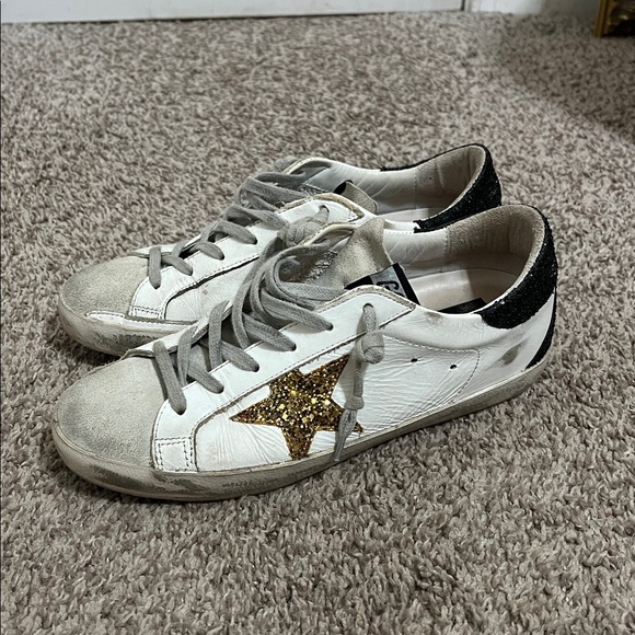 Golden Goose Super Star Black and Gold Glitter Lace Up Sneakers Size 38 - Picture 6 of 12